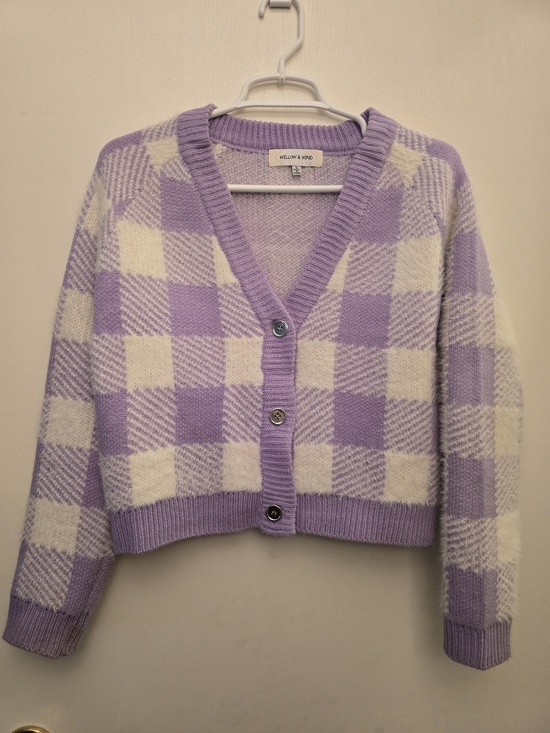Willow Sweaters - Willow Lavender and Cream Check V-Neck Cardigan